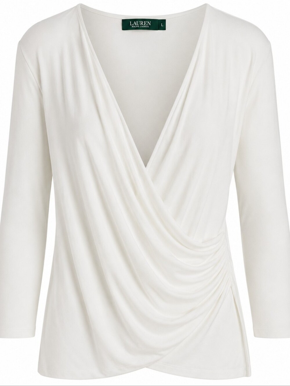 LAUREN RALPH LAUREN‎ | Faux Wrap Balletcore Drape Stretch Top White Feminine | L